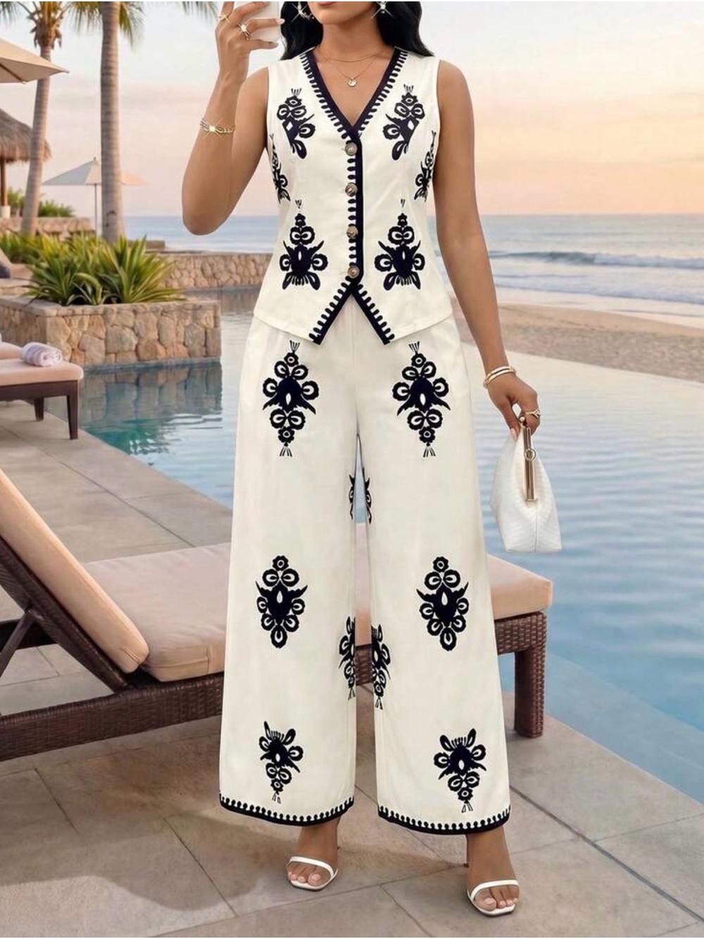 Cream Contrast-Trim Tailored Women's Pantsuit - Picture 4 of 6
